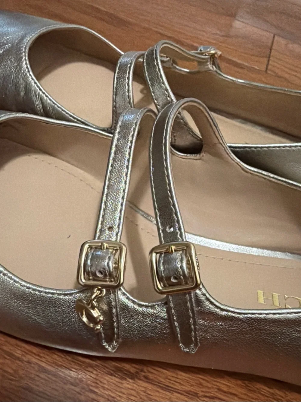Coach Metallic gold rose Double-Strap Mary Jane Flats Sz 9